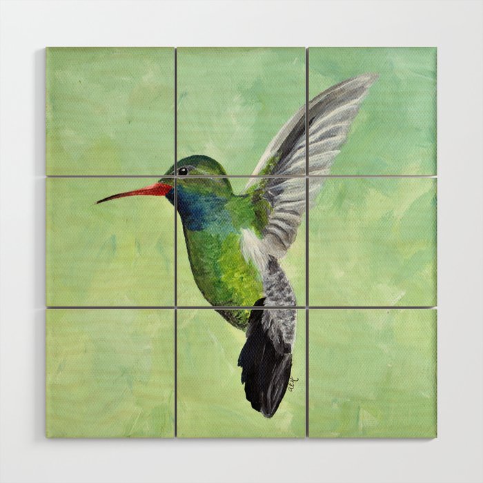 Green Hummingbird Art, Small Bird Painting, Birds and Berry Studio Wood Wall Art