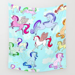 Unicorn repeating pattern colorful on blue Wall Tapestry