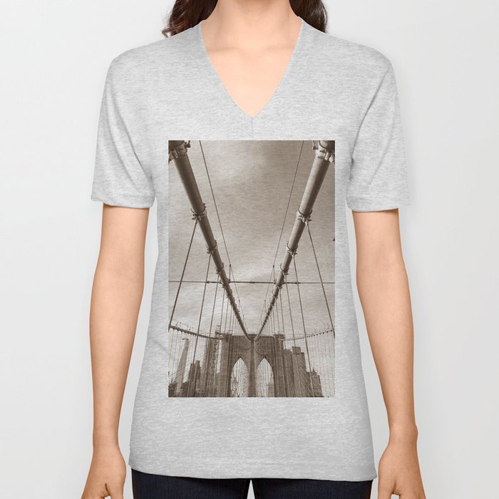 Brooklyn Bridge Sepia Photography | New York City V Neck T Shirt