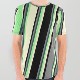 [ Thumbnail: Colorful Grey, Dark Slate Gray, Green, Light Yellow, and Black Colored Striped Pattern All Over Graphic Tee ]