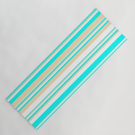[ Thumbnail: White, Aqua & Tan Colored Striped/Lined Pattern Yoga Mat ]
