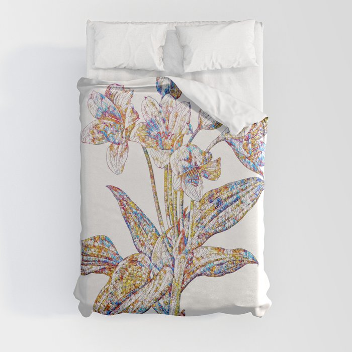 Floral Crinum Giganteum Mosaic on White Duvet Cover