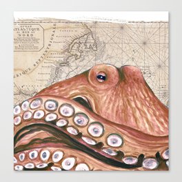 Octopus Rusty red Vintage Map Beige Nautical Canvas Print