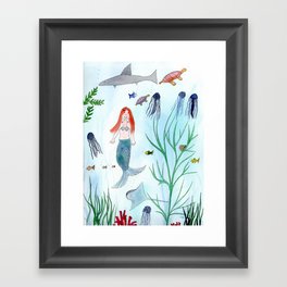 Cute Mermaid Watercolor Illustration Framed Art Print