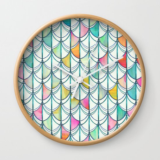 Pencil & Paint Fish Scale Cutout Pattern - white, teal, yellow & pink Wall Clock