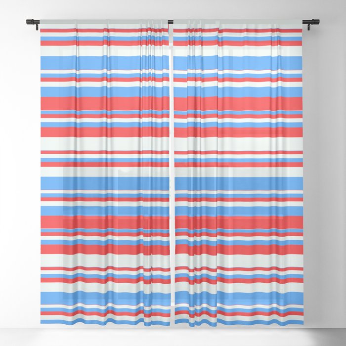 Blue, Red & Mint Cream Colored Stripes Pattern Sheer Curtain