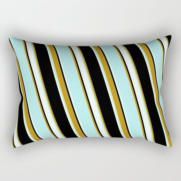 Black, Dark Goldenrod, Turquoise & Mint Cream Colored Lined Pattern Rectangular Pillow