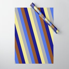 [ Thumbnail: Vibrant Royal Blue, Dark Grey, Tan, Blue, and Brown Colored Lines/Stripes Pattern Wrapping Paper ]