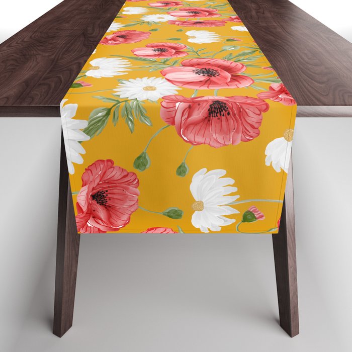 Daisy and Poppy Seamless Pattern on Mustard Background Table Runner