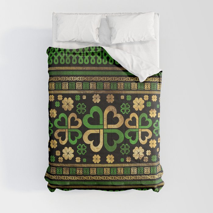 Lucky Shamrock Four-leaf Clover Green and Gold Comforter