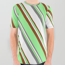 [ Thumbnail: Green, Grey, White, and Brown Colored Lined/Striped Pattern All Over Graphic Tee ]