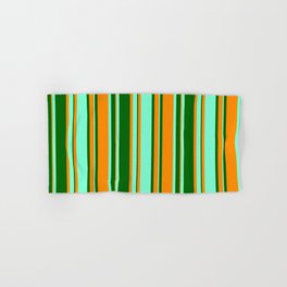 [ Thumbnail: Dark Orange, Dark Green, and Aquamarine Colored Stripes Pattern Hand & Bath Towel ]