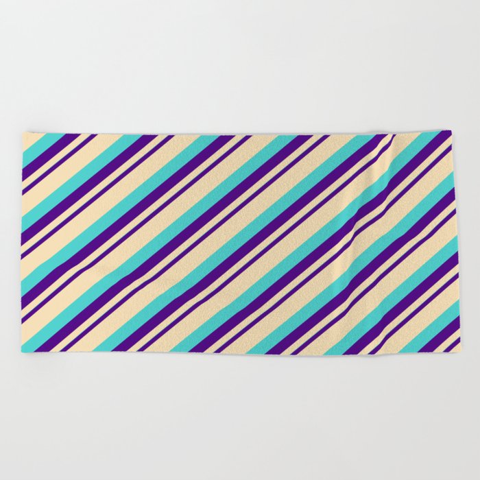 Indigo, Tan, and Turquoise Colored Striped/Lined Pattern Beach Towel