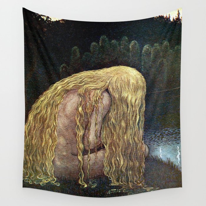 The Girl Who Lost It All, blond nude at the lakeside magical realism painting by John Bauer Wall Tapestry