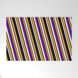 [ Thumbnail: Goldenrod, Indigo, Beige & Black Colored Pattern of Stripes Welcome Mat ]