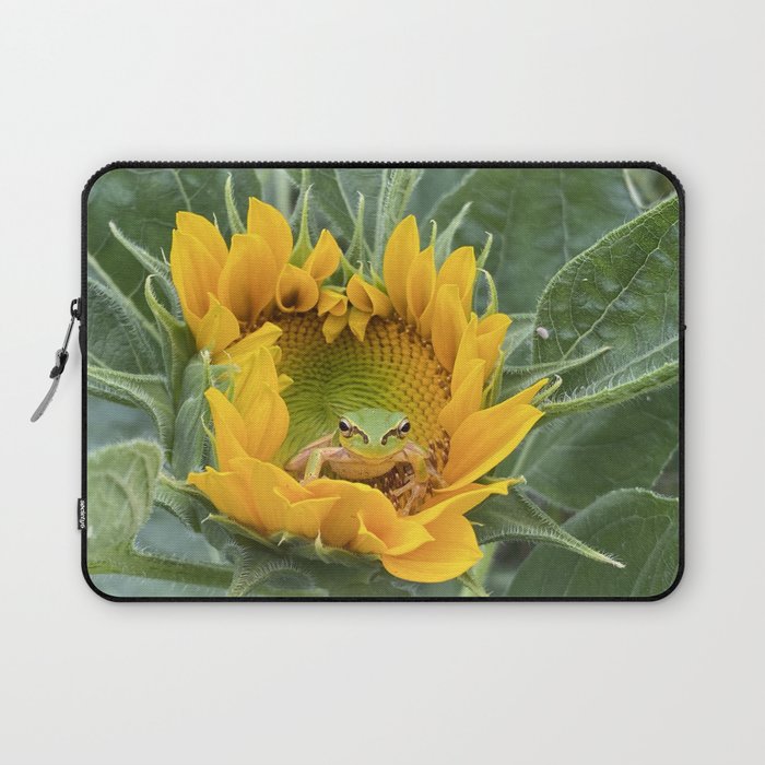 A cute Frog in a Sunflower. Laptop Sleeve