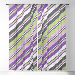 [ Thumbnail: Green, Plum, Indigo, White & Black Colored Lines/Stripes Pattern Sheer Curtain ]