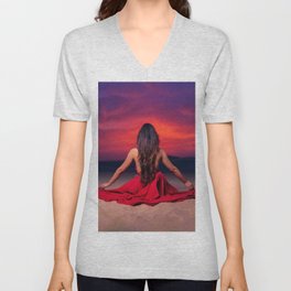 Another tequila sunrise; woman watching purple and pink sunrise in the desert magical realism female portrait color photograph / photography V Neck T Shirt