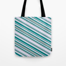 [ Thumbnail: Dark Grey, Lavender, and Teal Colored Stripes Pattern Tote Bag ]