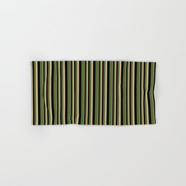 [ Thumbnail: Tan, Black & Dark Olive Green Colored Lined Pattern Hand & Bath Towel ]