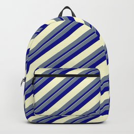 [ Thumbnail: Slate Gray, Dark Blue & Light Yellow Colored Lined Pattern Backpack ]