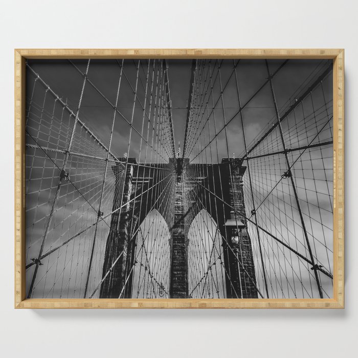 Brooklyn Bridge in New York City black and white Serving Tray