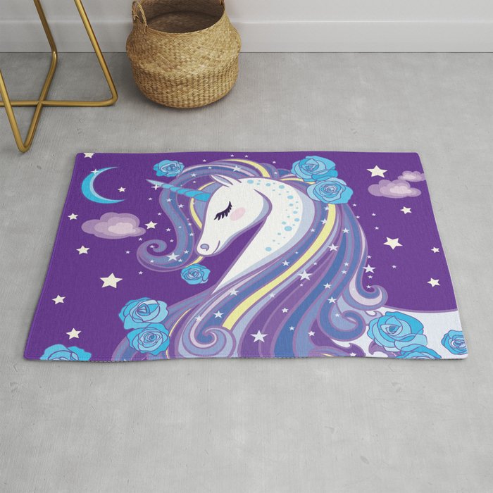 Magical Unicorn in Purple Sky Rug