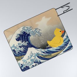 "Unsuspecting Duck," cancel culture - woke mob satirical The Great Wave off Kanagawa pop art surfing humorous seascape portrait painting Picnic Blanket