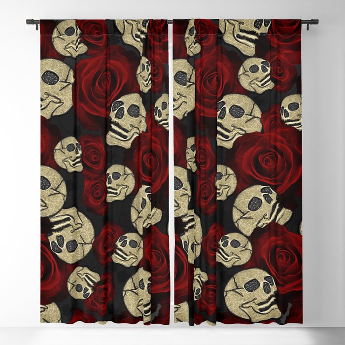 Red Roses Skulls Grey Black Floral Gothic Blackout Curtain By