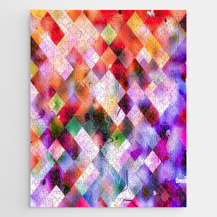 geometric pixel square pattern abstract background in purple orange red Jigsaw Puzzle