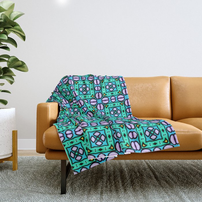 Modern abstract geometrical pattern in lavender, black, yellow, purple, turquoise blue, light green, turquoise Throw Blanket