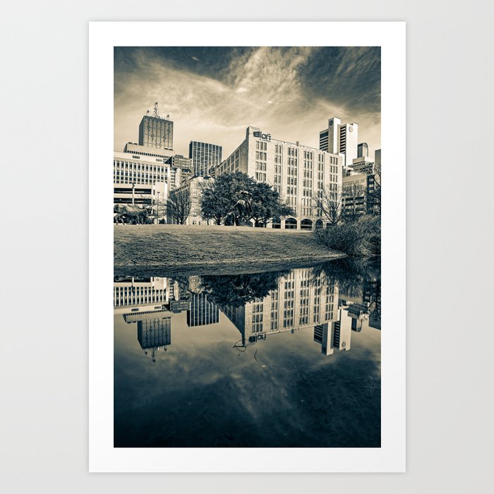 Dallas Texas Skyline On Still Waters At Pioneer Plaza - Sepia Edition Art Print