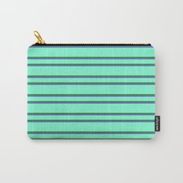 [ Thumbnail: Aquamarine, Forest Green, and Slate Blue Colored Lined Pattern Carry-All Pouch ]