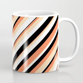 [ Thumbnail: Coral, Tan, White & Black Colored Lines/Stripes Pattern Coffee Mug ]