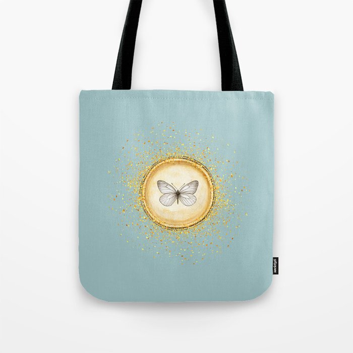 Hand-Drawn Butterfly Gold Circle Pendant on Sage Blue Green Tote Bag