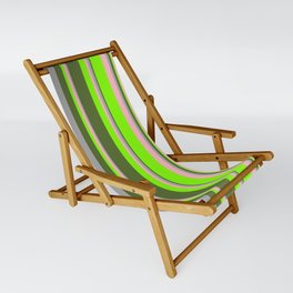 [ Thumbnail: Light Pink, Dark Grey, Dark Olive Green, and Chartreuse Colored Lines/Stripes Pattern Sling Chair ]