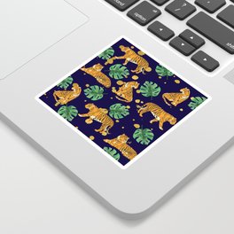Modern Trendy Jungle Monstera and Tigers with Gold Spots Pattern Sticker