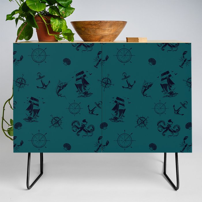 Teal Blue And Blue Silhouettes Of Vintage Nautical Pattern Credenza