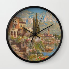 Lakeside View of Riva and Flower Gardens on Lake Garda, Italy landscape painting Wall Clock | Dahlia, Seaside, Alps, Garda, Curated, Sunflowers, Riva, Mountains, Flowers, Painting 