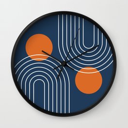 Mid Century Modern Geometric 83 in Navy Blue and Orange (Rainbow and Sun Abstraction) Wall Clock | Abstraction, Navyblue, Fullmoon, Rainbow, Pattern, Classy, Line, Trendy, Boho, Modern 