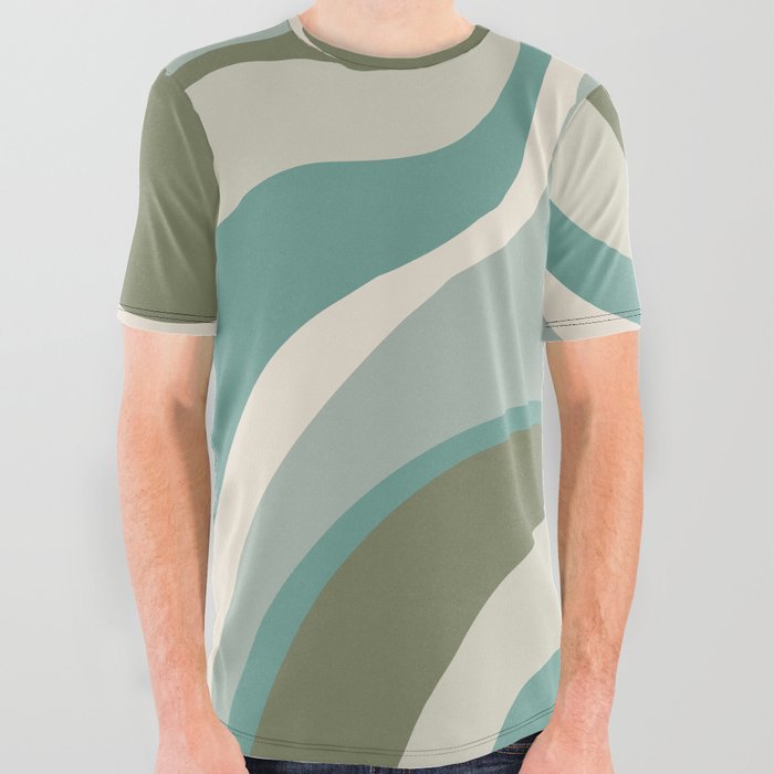 Retro Psychedelic Abstract Design in Olive and Light Green, Teal and Cream All Over Graphic Tee