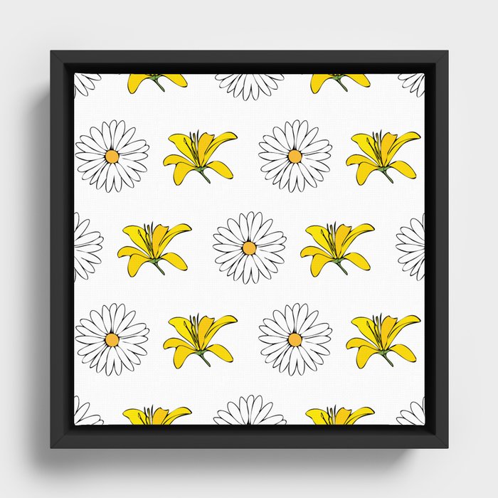 white yellow lemony floral Daisies and lilies Framed Canvas