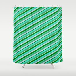 [ Thumbnail: Turquoise, Sea Green, Light Blue, and Green Colored Striped Pattern Shower Curtain ]