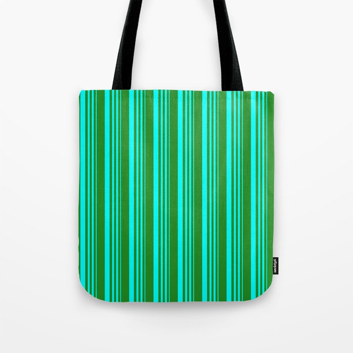 Cyan and Forest Green Colored Stripes Pattern Tote Bag