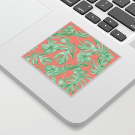 Tropical Palm Leaves Hibiscus Flowers Coral Green Sticker