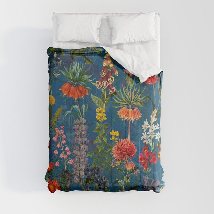 Vintage & Shabby Chic - Blue Midnight Spring Botancial Flower Garden Comforter
