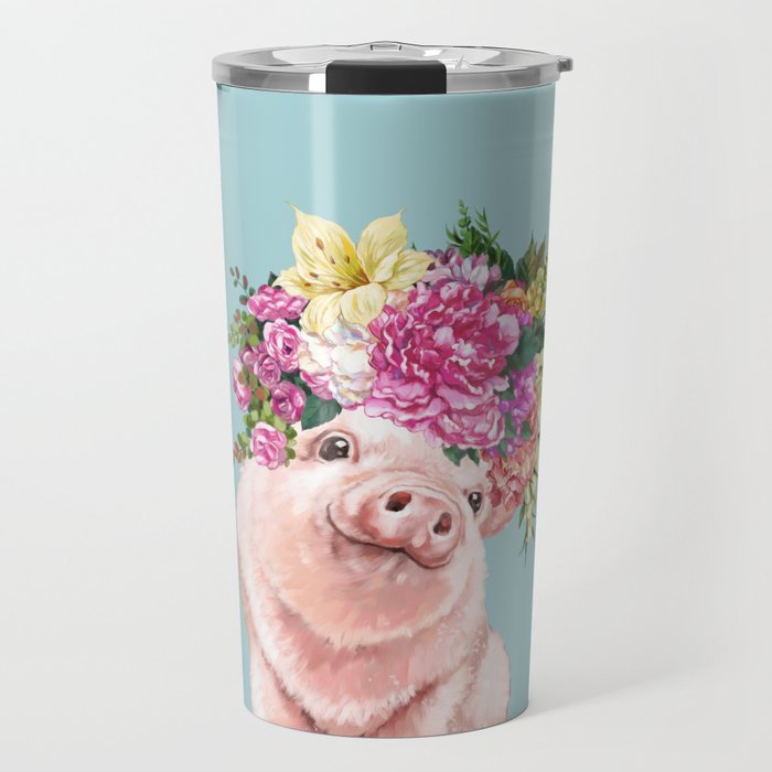 Flower Crown Baby Pig in Blue Travel Mug