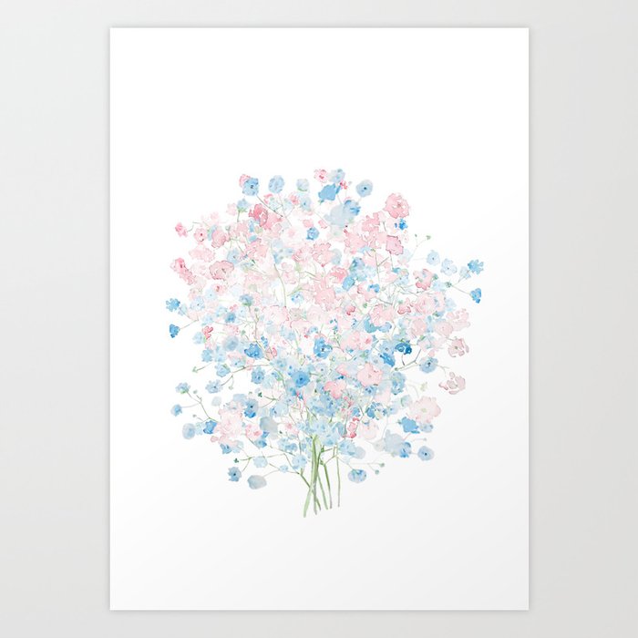 light pink and blue Baby Breath Bouquet gypsophila watercolor painting  Art Print