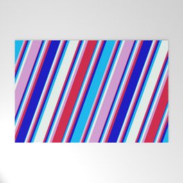 [ Thumbnail: Colorful Plum, Crimson, Blue, Deep Sky Blue, and Mint Cream Colored Lined/Striped Pattern Welcome Mat ]