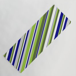 [ Thumbnail: Vibrant Green, Dark Olive Green, White, Dark Blue & Light Grey Colored Lines/Stripes Pattern Yoga Mat ]